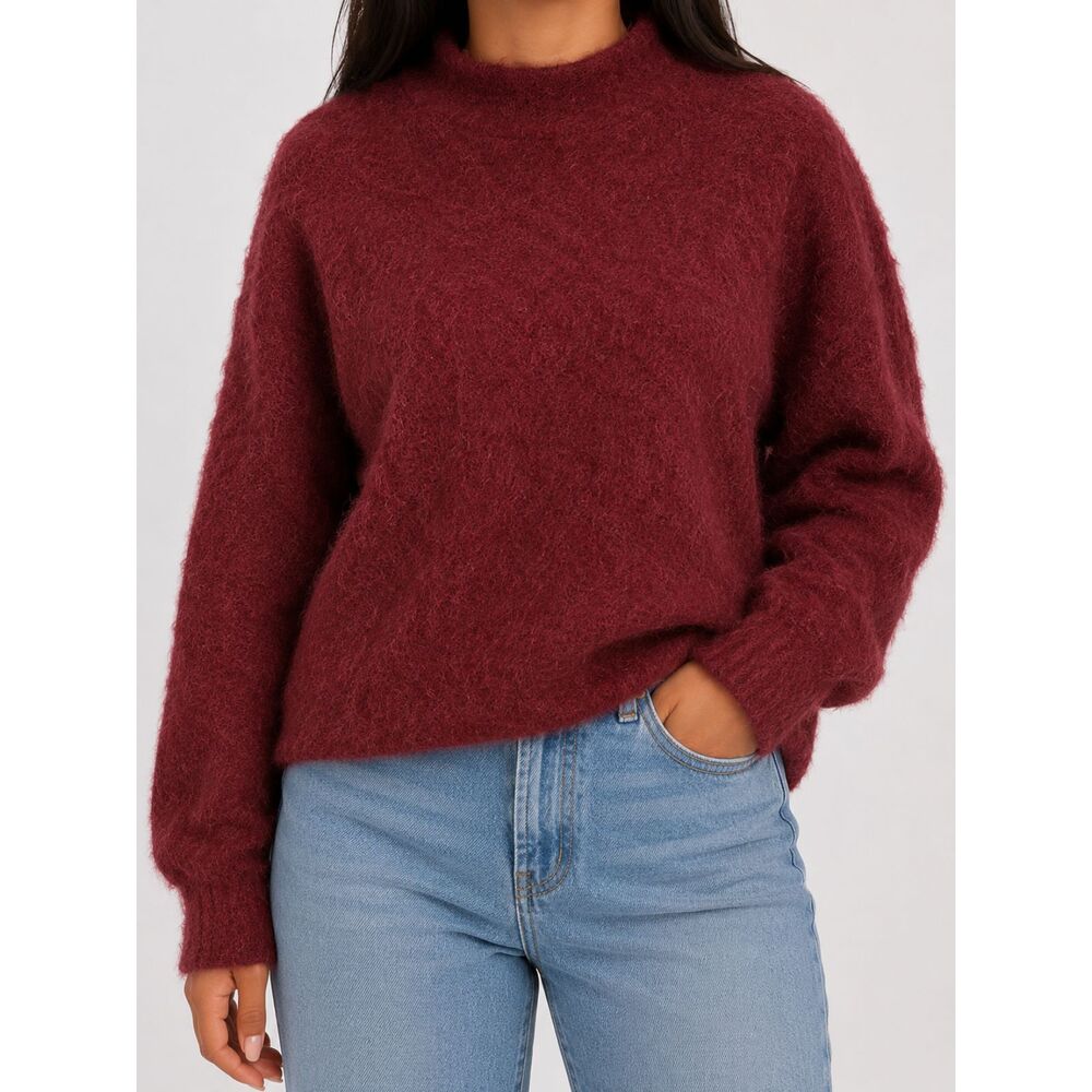Open Edit Sweater Womens L Burgundy Wool Blend Fuzzy Mock Neck Oversized Knit